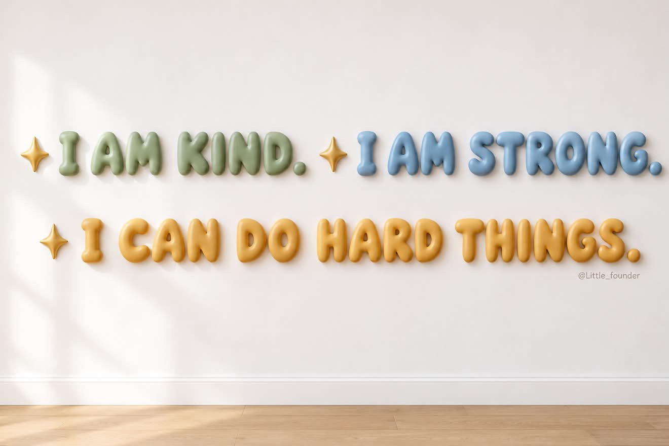 Bubble letter affirmation on a white wall: I am kind, I am strong, I can do hard things, in sage, blue and mustard with gold stars